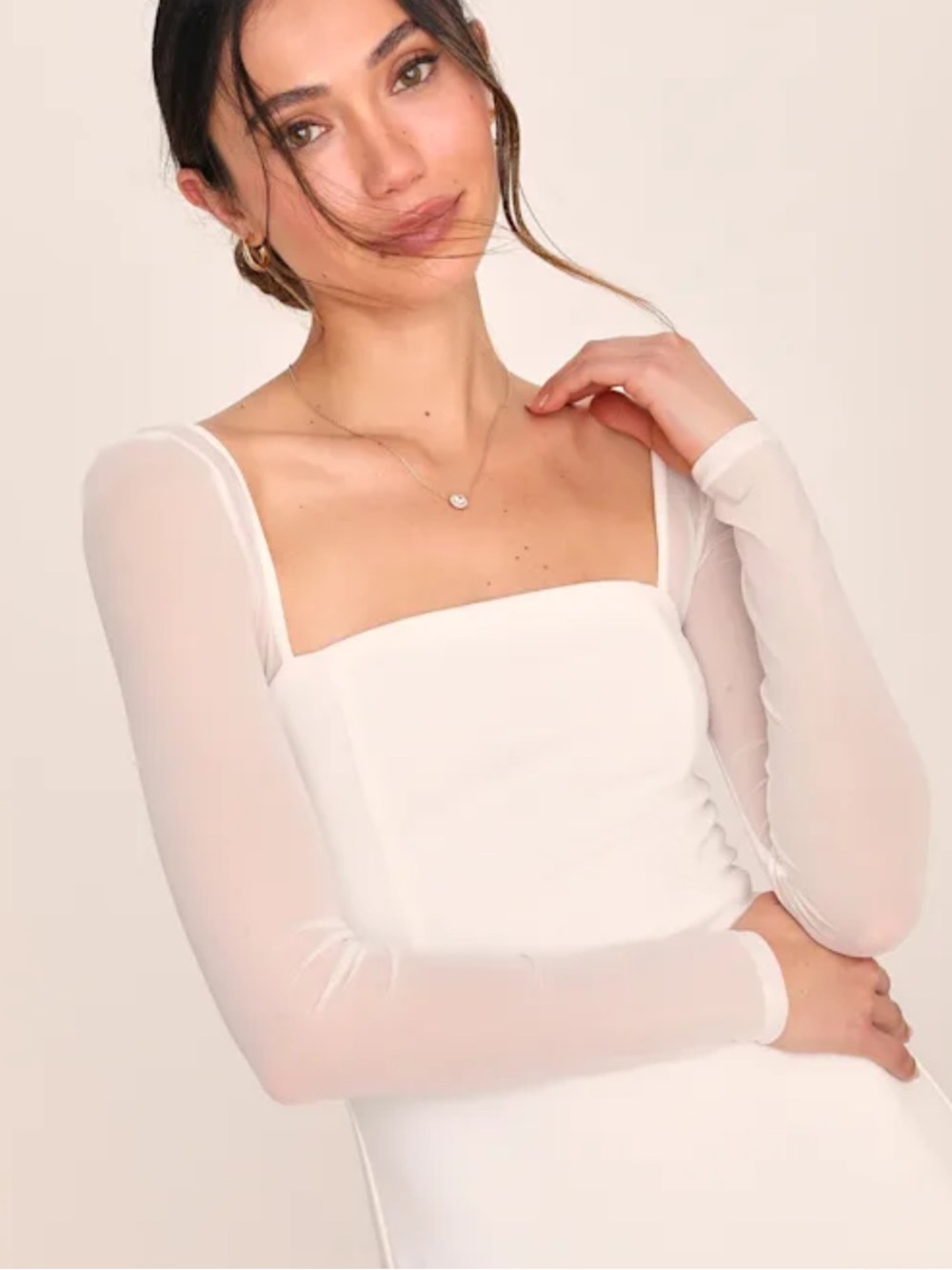 New Lulus Lovingly Yours Elegant White Square-Neck Long Sleeve Dress Sz Small - Picture 6 of 11